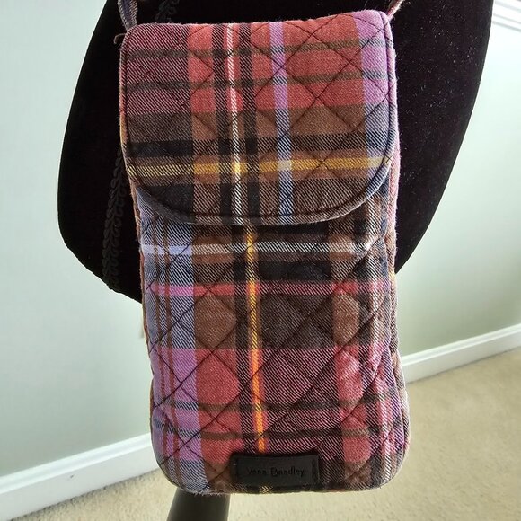 Vera Bradley Carson Cell Phone Crossbody Cozy Plaid Multi & Brown Floral Quilted - Picture 1 of 8